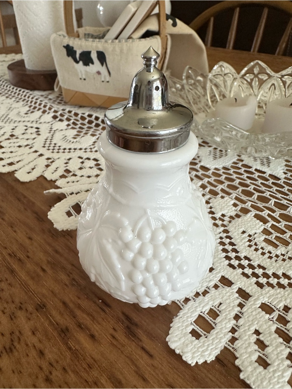 Milk Glass Grape Pattern Salt/Sugar Shaker with Silver-Tone Lid
